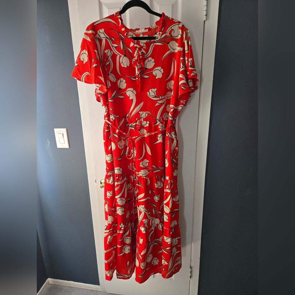 Loralette Red Floral Maxi Dress With Waist Tie